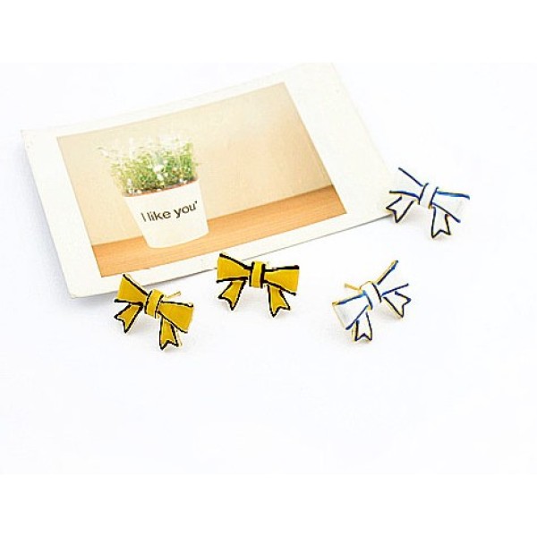 Wholesale 2pairs White&Yellow Glazed Simple Bowknot Earring Ear Stud E-1549