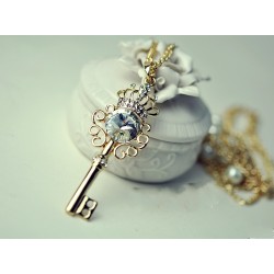 Gold Plated Double Chain Rhinestone Crown Key Necklace N-4776