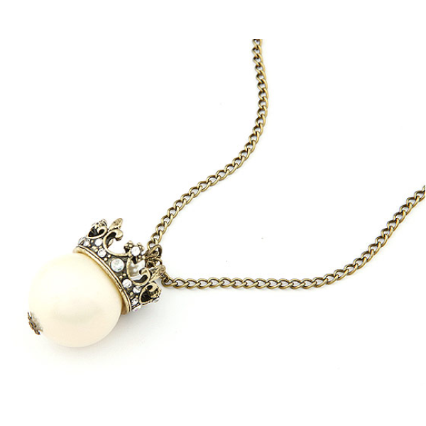 Vintage Style Rhinestone Crown Pearl Pendant Necklace N-4785