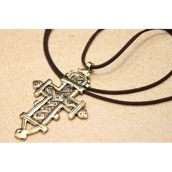 Vintage Style Bronze Amazing Cross Pendant Leather Necklace New Comming N-0501