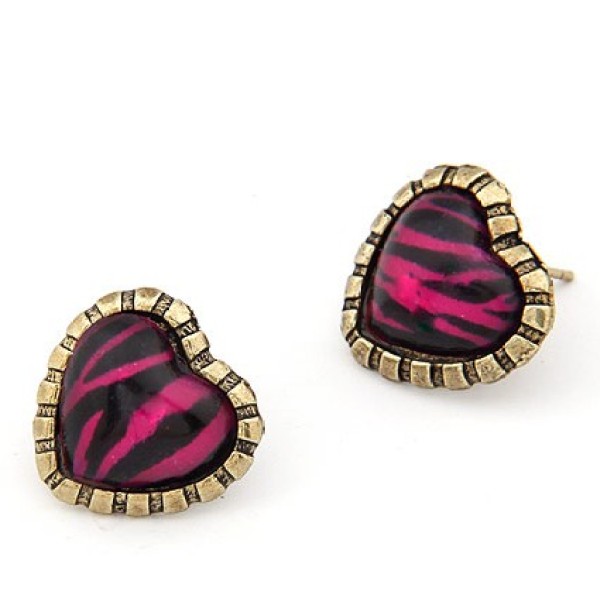 Pair Bronze Purple Leopard Heart Ear Stud Earring E-1045