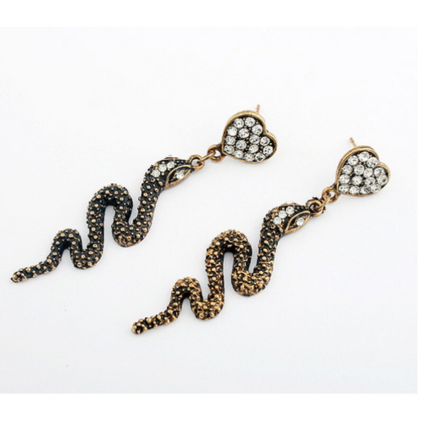 Fashion Style copper tone alloy clear rhinestone heart snake dangle earring ear stud E-0645