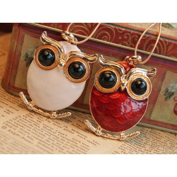 gold plated white/red enamel big eye owl necklace N-2521