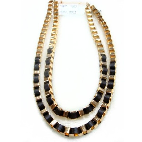 New Arrived Gold Plated Black Leather Link Doule Choker Necklace N-1060