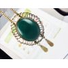 Vintage Style Bronze Snake Chain Hollow Out Flower Green Gem Drop Necklace N-0542