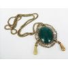 Vintage Style Bronze Snake Chain Hollow Out Flower Green Gem Drop Necklace N-0542