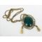 Vintage Style Bronze Snake Chain Hollow Out Flower Green Gem Drop Necklace N-0542