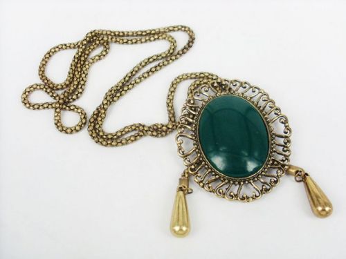 Vintage Style Bronze Snake Chain Hollow Out Flower Green Gem Drop Necklace N-0542