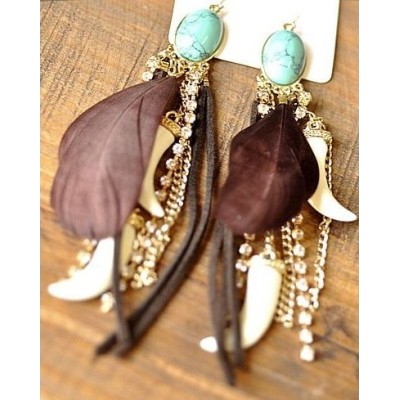E-0608 western style rhinestone leather ivory black feather Gem dangle earring