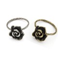 Wholesale 2 pieces Vintage Silver/bronze alloy black rhinestone rose flower ring R-0512
