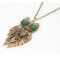 Vintage Style  copper tone leaves green crystal eye owl necklace N-2545