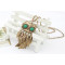 Vintage Style  copper tone leaves green crystal eye owl necklace N-2545