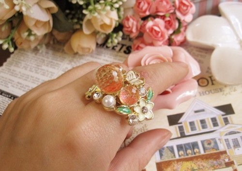 gold plated butterfly flower pearl candy ring S-0007