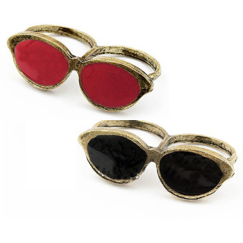 Wholesale 2Pcs Retro Bronze Enamel Glass Spectacle Double Finger Ring #6.5 #7.5