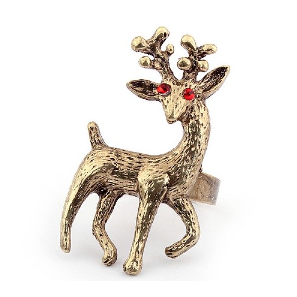 Vintage style bronze red rhinestone eyes spotted deer Ring Size Adjustable R-0022