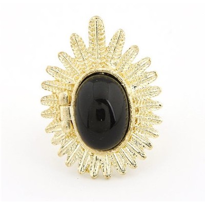 Gold Plated Olive Leaf black Gem  ring R-0648