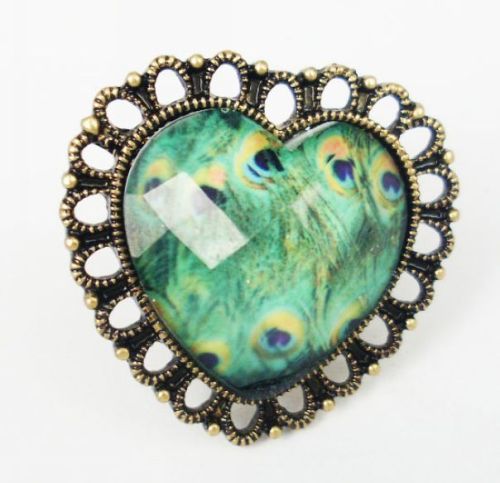 Color Optional Peacock Gem Heart  Ring Size Adjustable R-0656