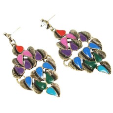 Pair Vintage Style Bronze Colorful Glazed Peacock Ear Stud Earring E-0637