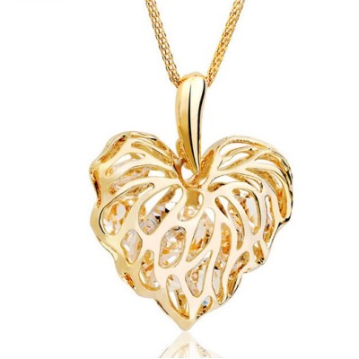 Rose gold plated clear crystal leaf hollow out heart necklace N-4838