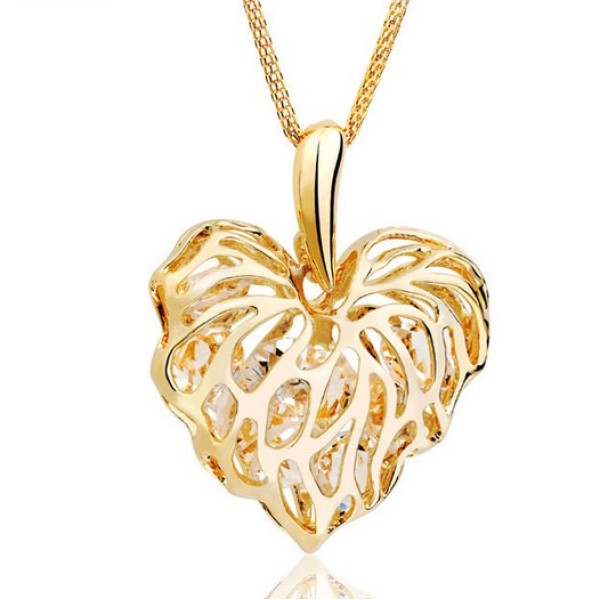 Rose gold plated clear crystal leaf hollow out heart necklace N-4838
