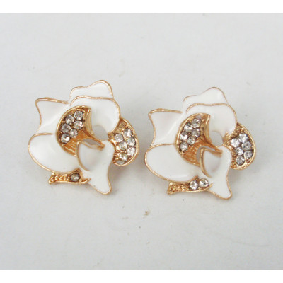 gold plated alloy rhinestone white glazed flower ear stud E-0232