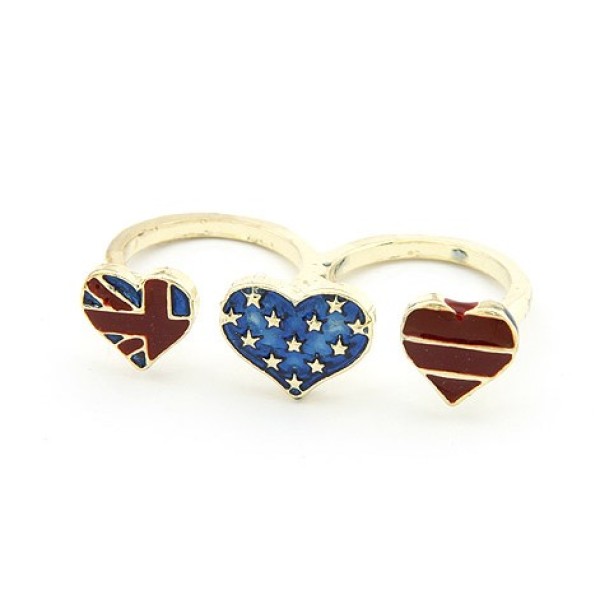 Korean Style gold plated flag love heart double finger ring R-0657