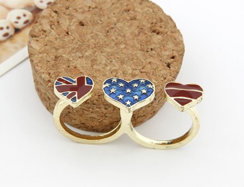 Korean Style gold plated flag love heart double finger ring R-0657