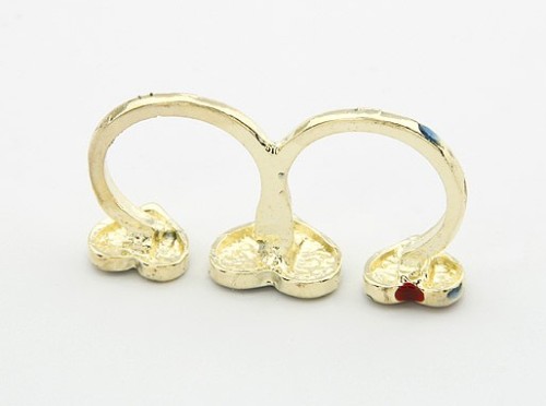 Korean Style gold plated flag love heart double finger ring R-0657