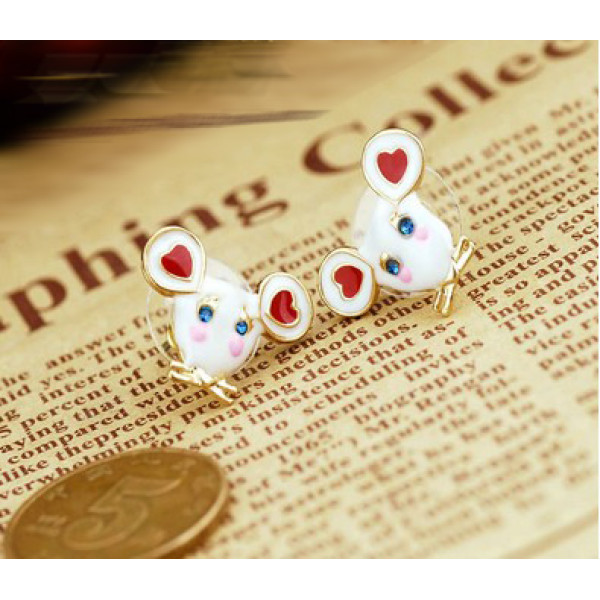 Cute Rhinestone Eye Small Lovely White Enamel Mouse Ear Stud Earrings Gold Tone E-0620