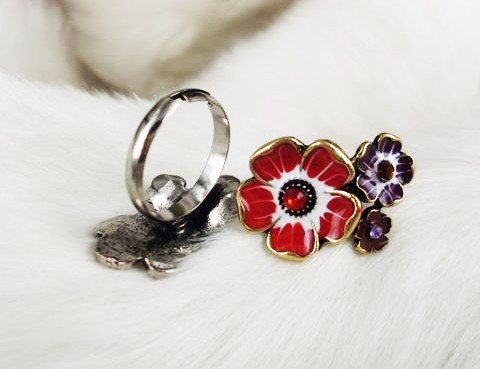 wholesale 2 pieces colorful glazed rhinestone cute flower ring adjustable R-0570