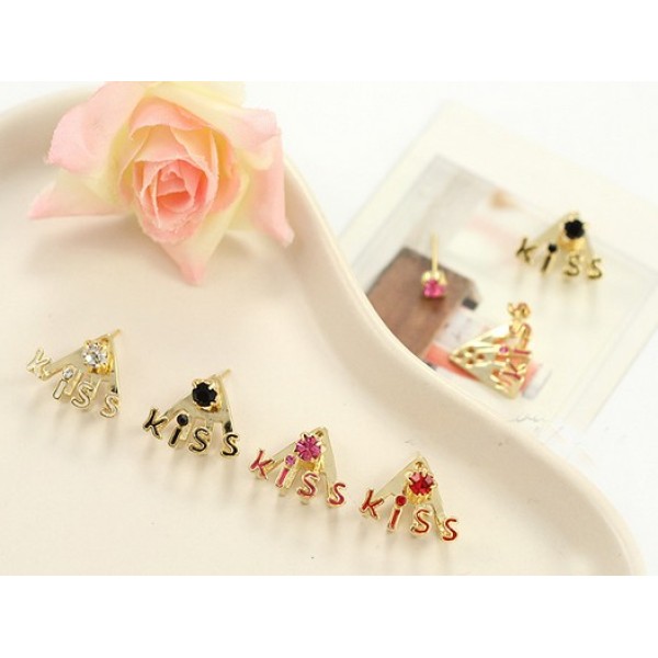 gold plated rhinestone glazed kiss ear stud E-0504