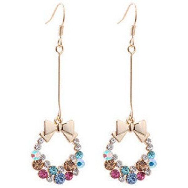 Charming Gold Plated colorful Rhinestone bowknot bag ear stud E-1553