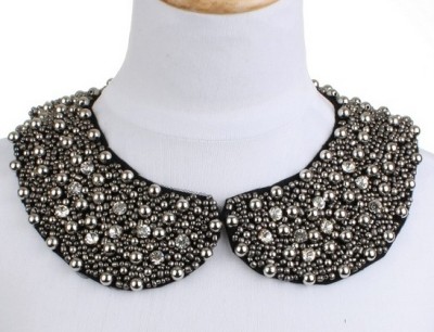 handmade black/white lace gun black pearl beads clear crystal collar N-2049