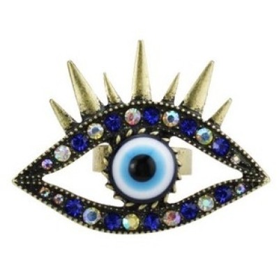 Punk style Vintage Bronze Alloy Colorful Rhinestone Eyelashes Eye Revit Ring Adjustable R-0196