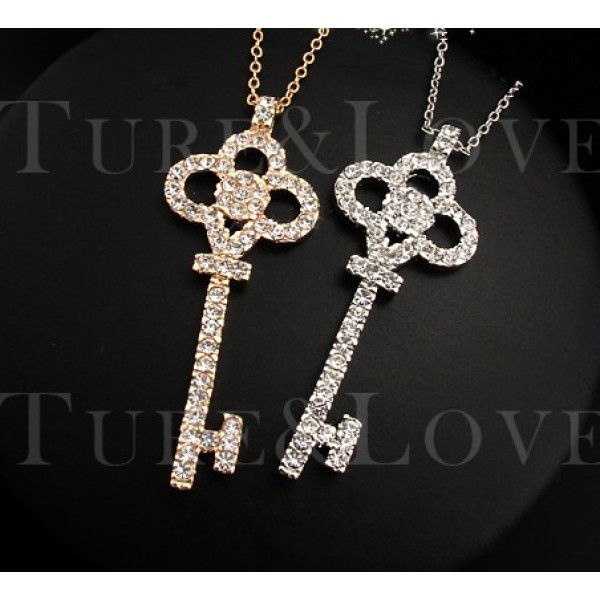 New coming rose gold/Silver plated clear rhinestone key pendant necklace N-4777