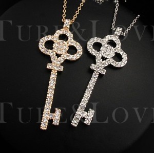 New coming rose gold/Silver plated clear rhinestone key pendant necklace N-4777