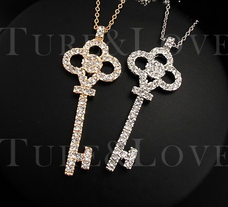 New coming rose gold/Silver plated clear rhinestone key pendant necklace N-4777