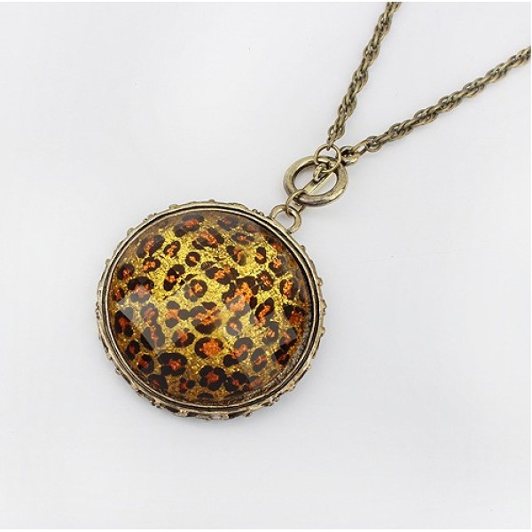 Retro Style Leather Chain Bronze Alloy Round & Square Leopard Long Necklace N-0799