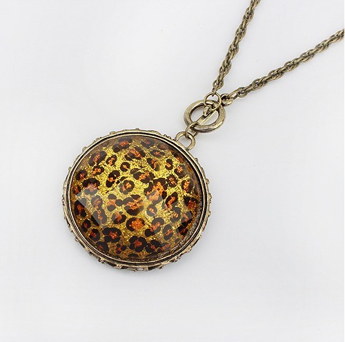 Retro Style Leather Chain Bronze Alloy Round & Square Leopard Long Necklace N-0799