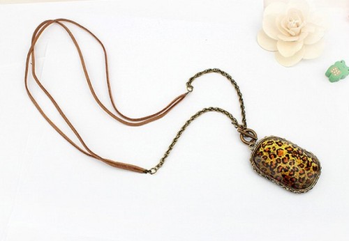 Retro Style Leather Chain Bronze Alloy Round & Square Leopard Long Necklace N-0799