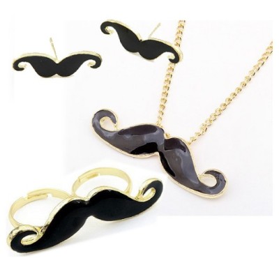 gold plated black glazed beard mustache necklace ear stud set