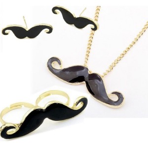 gold plated black glazed beard mustache necklace ear stud set