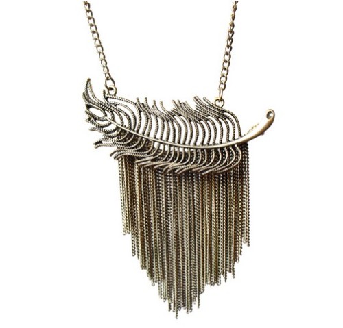 vintage style bronze feather shape fringe necklace N-3266
