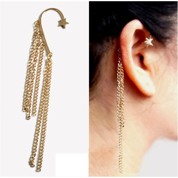 Gothic Punk Stars  Ear Cuff Chain With Fringes Dangle Tassel Gold Earrings E-0089