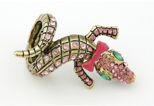 New Style Retro Bronze Bowknot pink rhinestone Crocodile gecko ring R-0673