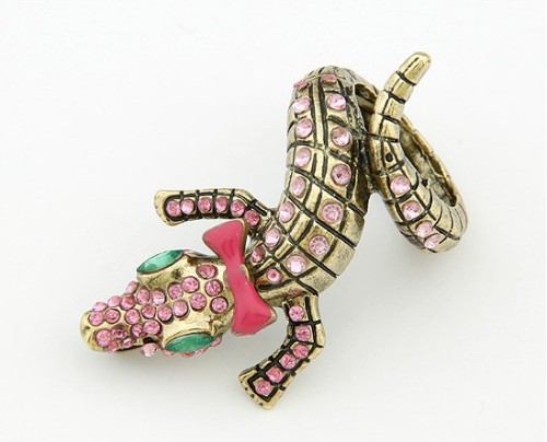 New Style Retro Bronze Bowknot pink rhinestone Crocodile gecko ring R-0673