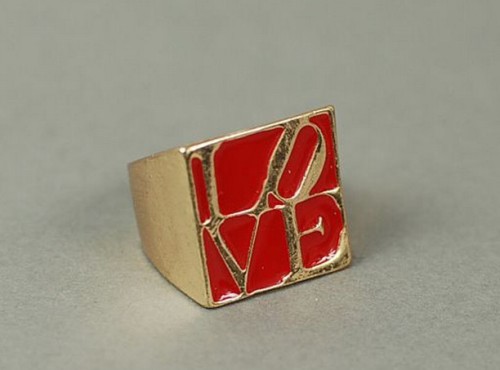 gold plated red glazed quadrate love letter ring R-0719