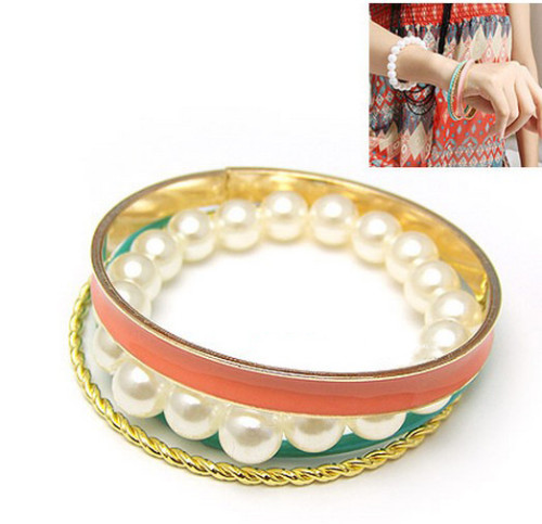 New simple style multilayer gold plated bangle pearl bracelet B-0182