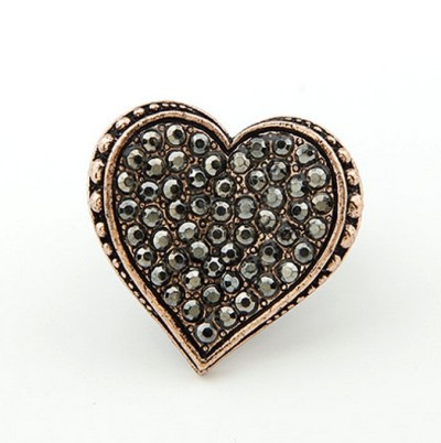 vintage style bronze copper tone alloy rhinestone heart ring adjustable R-0686