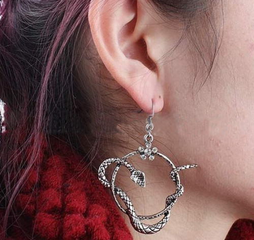 Vintage style silver/bronze rhinestone flower snake dangle necklace earring E-1174